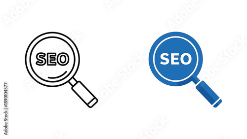Collection of two seo search magnifying glass icons demonstrating optimization analysis in both outline and filled blue styles for digital marketing concepts