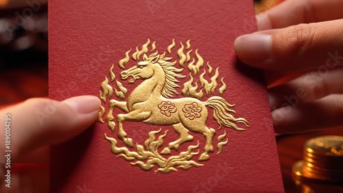 Hands Holding Red Envelope with Embossed Golden Horse for Lunar New Year Gift