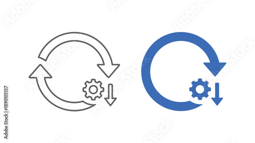 Set of refresh or update icons featuring circular arrows combined with a gear mechanism and a downward directional symbol illustrating technical workflow adjustments