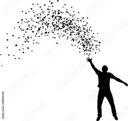 Silhouette of a person reaching for a burst of colorful confetti