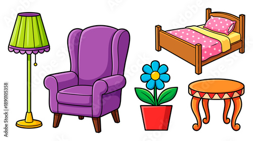 Colorful cartoon illustration of furniture, including a lamp, armchair, bed, potted flower, and side table. A charming and playful image to brighten any space