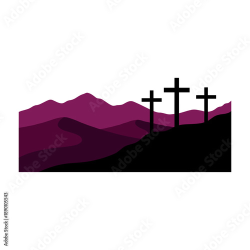 Three crosses silhouette with a beautiful mountain in background, evokes sense of faith and reflection