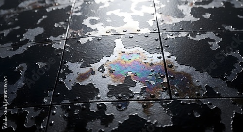 Oil spill on black tiles reflecting light and creating a colorful sheen on the floor surface