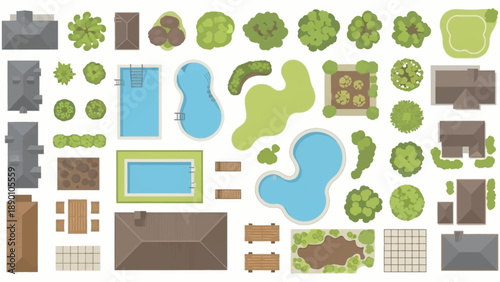 Aerial view of a landscape design featuring trees buildings and water features