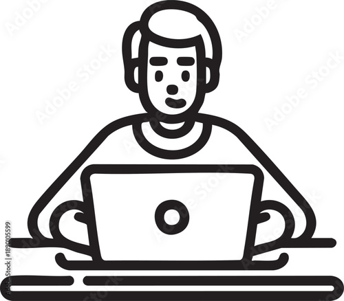 Man working on laptop vector icon | remote work, online learning, freelancer eps silhouette
