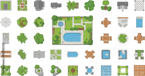 A collection of pixel art top down views of trees buildings and landscapes