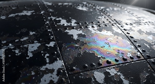 A close-up view of a wet, black, tiled surface with a rainbow-colored reflection, captured from a low angle, showcasing the water droplets and texture.