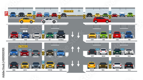 A busy parking lot filled with various colorful cars and marked spaces