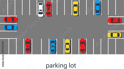 Aerial view of a parking lot with several cars parked in spaces