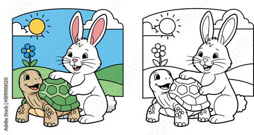 Cute cartoon rabbit and tortoise smiling together in sunny nature, happy bunny and turtle friends illustration for kids, funny fable characters interacting.