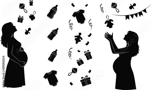 Two pregnant women celebrating with baby and gifts in black and white baby shower