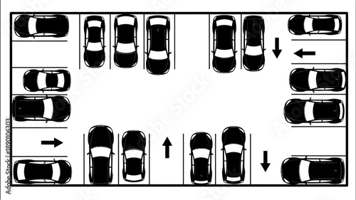 a black and white diagram of cars parked in a lot with arrows