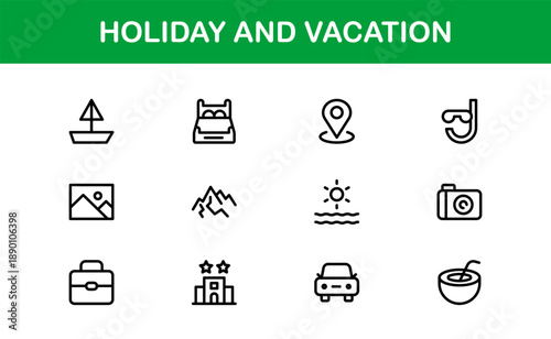 Holiday Vacation Line Icon Set – Modern Minimal Outline Icons for Travel, Beach, Summer, and Relaxation Themes