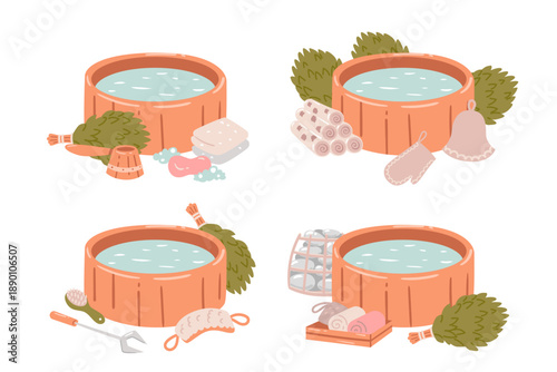 Detailed icons of various sauna bath setups with buckets and greenery. Versatile elements for creating your own spa themed marketing materials.