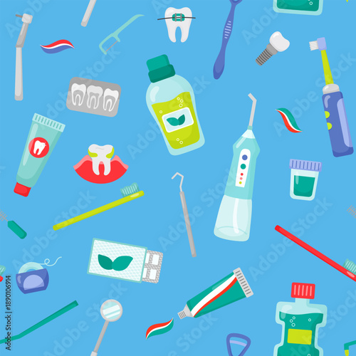 Seamless pattern oral hygiene icons in flat style. Dental instruments. Teeth and gums health care. Background
