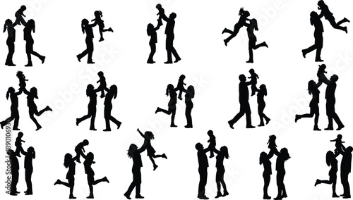 Silhouettes of people carrying children in various playful and affectionate poses