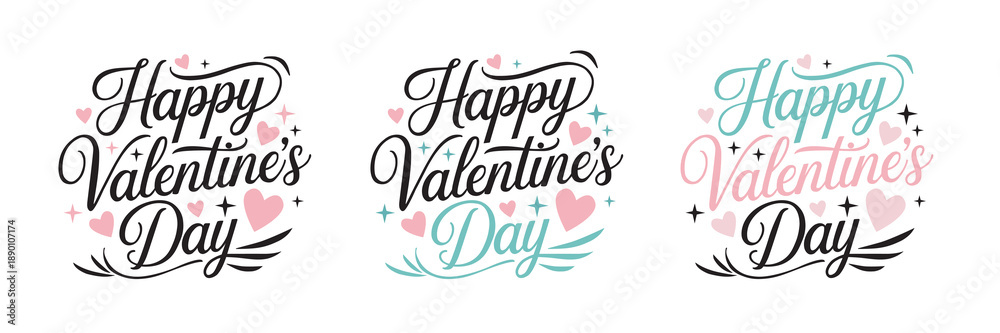 Obraz premium Happy Valentines Day Sale lettering calligraphy with hearts shape. Valentine's Day holiday lettering, vector illustration. Templates for celebration, ads, branding, banner, cover, label, poster, sales