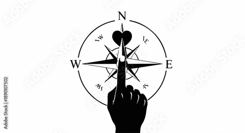 Finger pointing towards heart on compass, symbolizing finding love or direction in life.