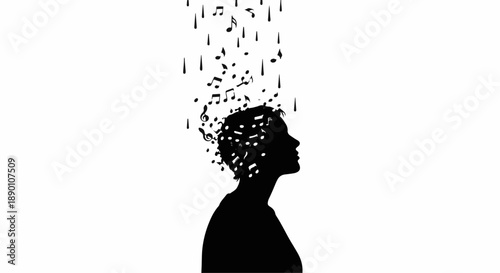 Silhouette of a person's head with abstract shapes falling like rain, symbolizing ideas or thoughts.