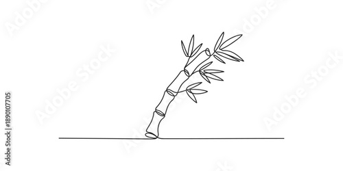 Single continuous line drawing of a bamboo stalk with leaves on a white background