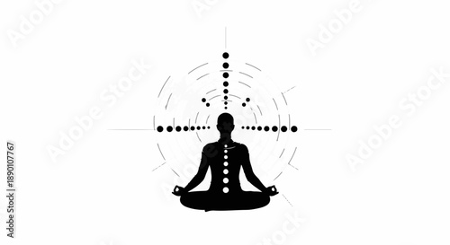 Silhouette of person meditating in lotus pose with radiating energy and geometric patterns