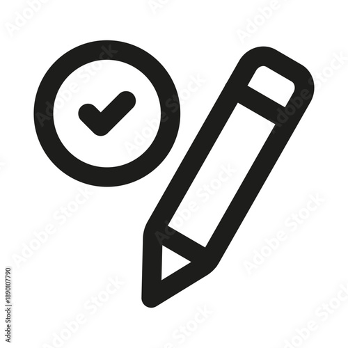 Pencil with tick badge professional line icon. Professional Line Vector Icon with modern approval and editing concept, minimal clean outline design and scalable verification symbol