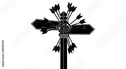 Ornate cross symbol pierced by arrows, representing struggle and resilience.