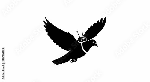Silhouette of a bird with a small device on its back, flying with wings spread.