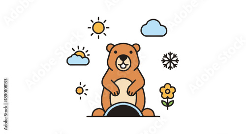 Cute cartoon groundhog emerging from its burrow celebrating spring.