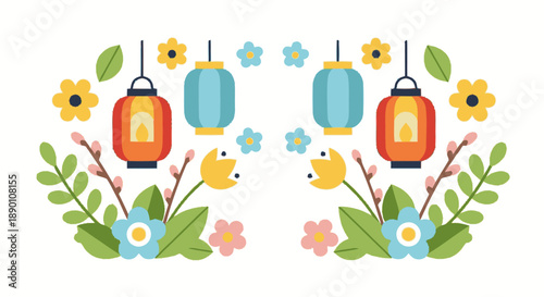 Decorative Lanterns and Flowers Illustration.