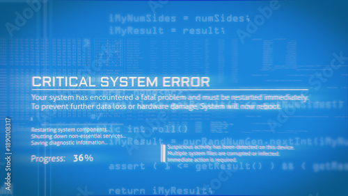 Blue error screen showing critical system failure message with progress indicator, representing software crashes, system instability, technical failure, and emergency reboot scenarios in digital