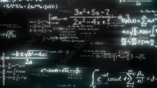 Floating mathematical formulas and equations on dark background symbolizing science, education, analytics, problem solving, physics concepts and intellectual research. © DBFilms