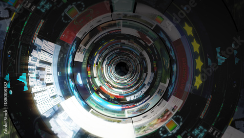 Abstract digital vortex of screens and data streams illustrating internet overload, social media dynamics, virtual information flow and immersive technology environment.