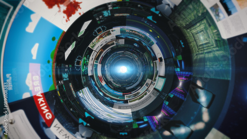 Immersive digital tunnel of internet content streams showing videos, images, news and data flow symbolizing information overload, media consumption and connectivity.