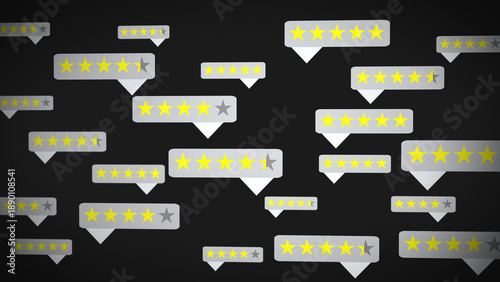 Dark-themed star rating bubbles scattered in depth represent online customer feedback, satisfaction analysis, reputation management, and review systems in digital marketplaces.