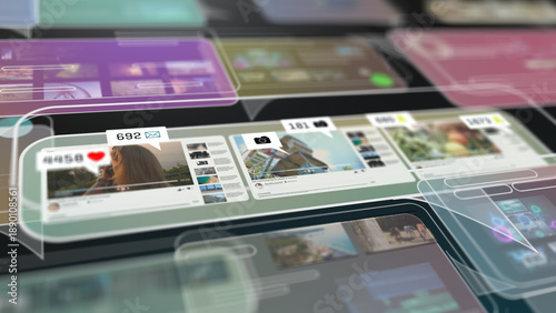 Abstract layered social media content windows showing likes, messages, and media previews, symbolizing digital communication, engagement analytics, content creation, and online interaction.