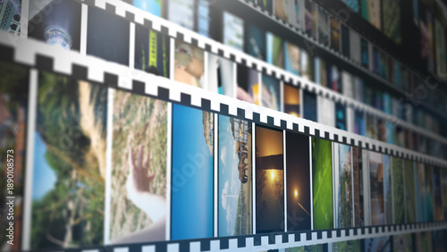 Vintage film strip collage displaying multiple photographs, symbolizing media archives, storytelling, photography history, creative content libraries and visual memories.