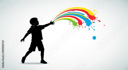 Boy Spraying Rainbow Paint Silhouette on White Background
