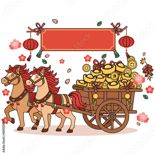 Chinese New Year 2026 Year of the Horse vector illustration, two cute horses pulling a wooden cart full of gold ingots and coins with red banner and lanterns, lunar new year celebration concept on whi