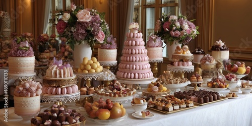 Wallpaper Mural Luxury dessert table with chocolates, macarons, pink eclairs, meringues and fruit tarts creates a lavish display. Pearls and lace add refined romantic Valentine styling. Torontodigital.ca