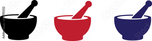 Three colorful mortar and pestle sets isolated on white background for cooking, herbal medicine, and spice grinding