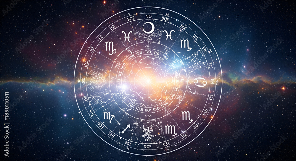 Obraz premium Astrological symbols surrounded by stars and cosmic elements show connection between zodiac signs and the universe in a vibrant scene that captures celestial energy