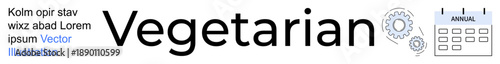 Healthy eating, sustainable habits, nutrition, time management, lifestyle, meal planning. Text reads Vegetarian with a gear and calendar icon. Healthy eating and sustainable habits concept
