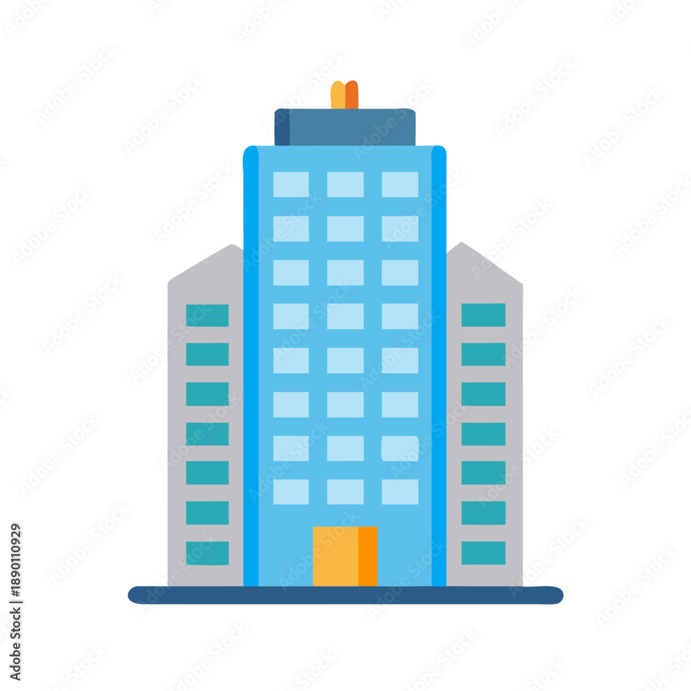 Naklejka premium Flat design blue skyscraper with a yellow door and symmetrical side buildings