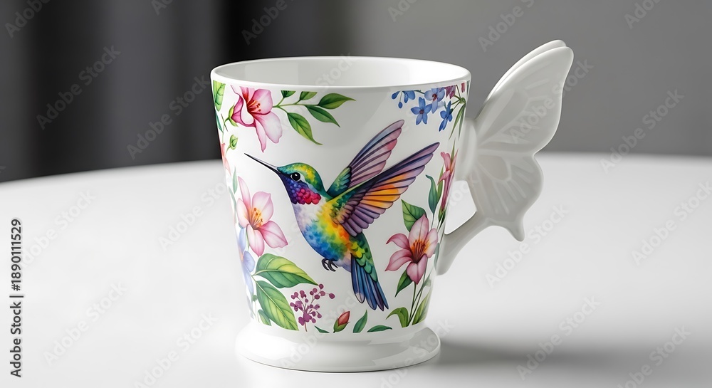 Obraz premium White Mug with Hummingbird and Floral Butterfly Handle coffee drinkware