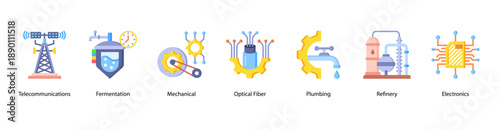 Industrial Communication and Processing web banner icon vector illustration featuring Telecommunications, Fermentation, Mechanical, Optical Fiber, Plumbing, Refinery, and Electronics.
