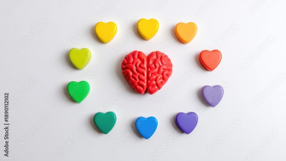 Obraz premium Red brain model surrounded by multicolored heart-shaped candies arranged in a circle on a white background. Concept Red brain model, Multicolored heart-shaped candies, Circular candy arrangement