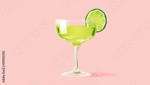 A lime-green cocktail in a stemmed coupe glass with a lime wheel garnish on a pink background. Concept Lime-green cocktail, Stemmed coupe glass, Lime wheel garnish, Pink background