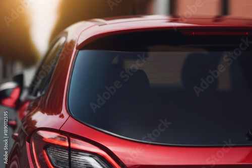 Rear window of a red car parked on a city street. Mockup for car decals.