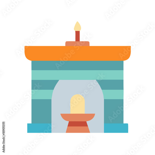 Cartoon fireplace vector illustration with candle on top and light inside niche